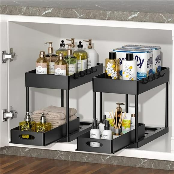 Under Sliding Cabinet Organizer, 2 Tier Under Sink Organizers and Storage Black - Picture 3 of 6